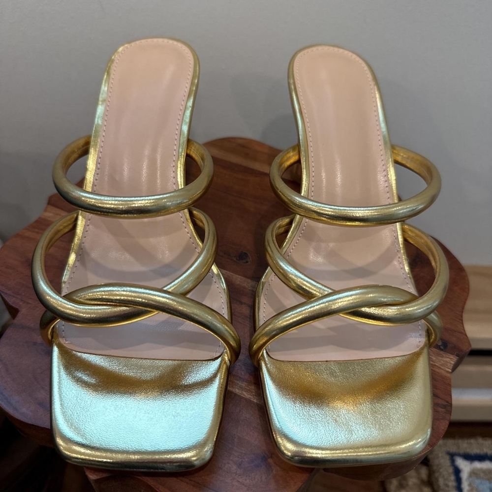 Gold Strappy Square-Toe Women's Slide Heels
